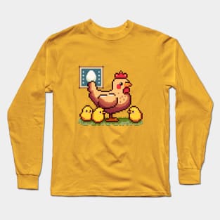 Mommy hen with chicks | Pixel art Long Sleeve T-Shirt